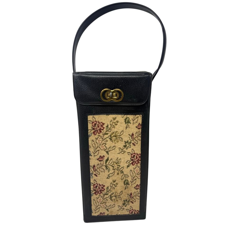 Vintage 60s Leather Tapestry Wine Bottle Carrier Box Purse Bag Black